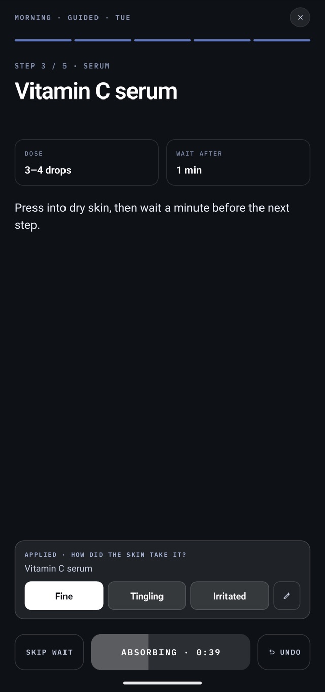 Guided mode on step 3 of 5, Vitamin C serum: the skin was rated Fine and the next step waits while it absorbs, 39 seconds left